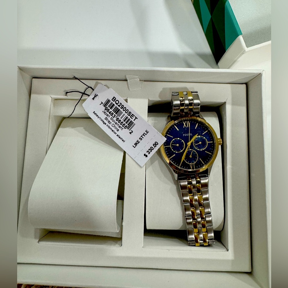 Fossil Two-Tone Bracelet Watch with Blue Dial
